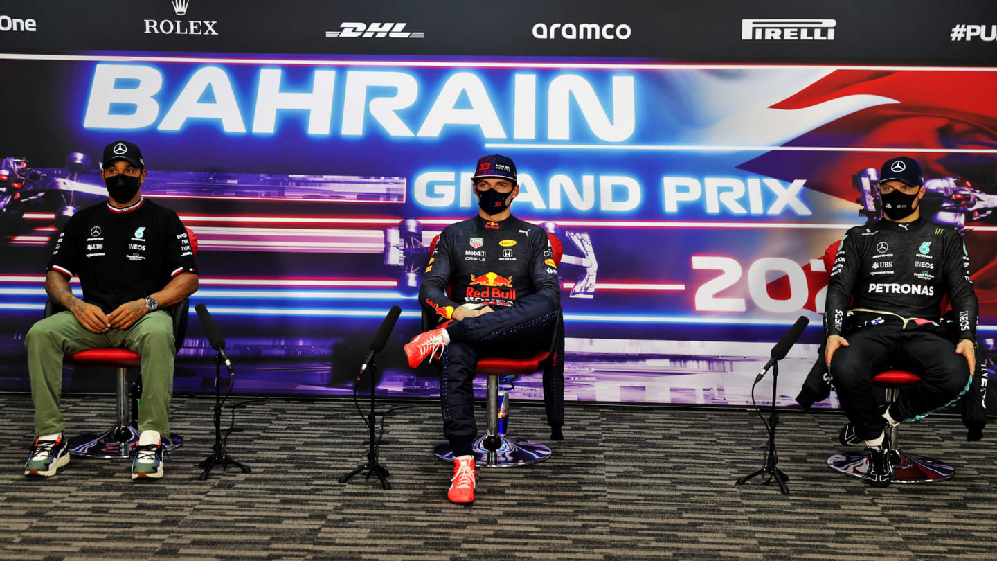 (L to R): Lewis Hamilton (GBR) Mercedes AMG F1; Max Verstappen (NLD) Red Bull Racing; and Valtteri