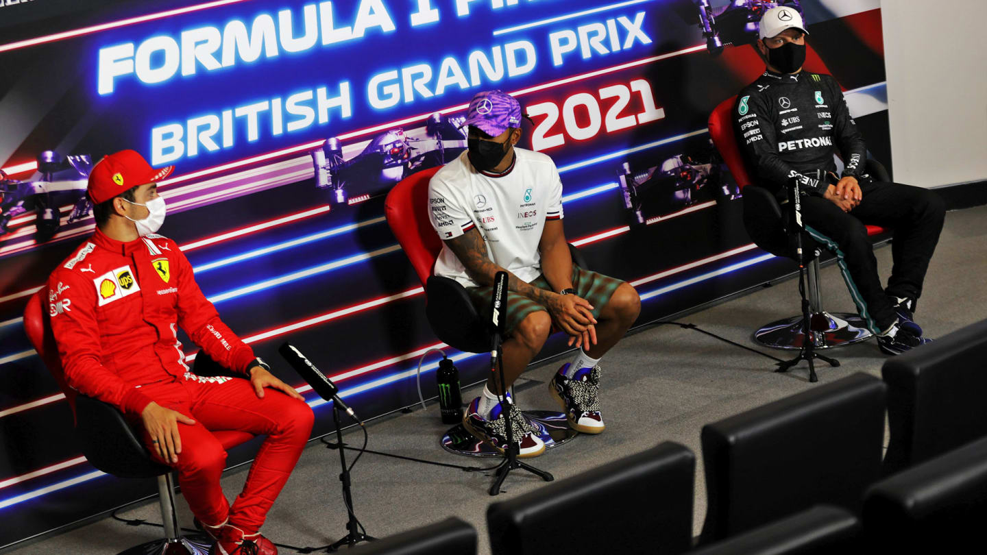 The post race FIA Press Conference (L to R): Charles Leclerc (MON) Ferrari, second; Lewis Hamilton