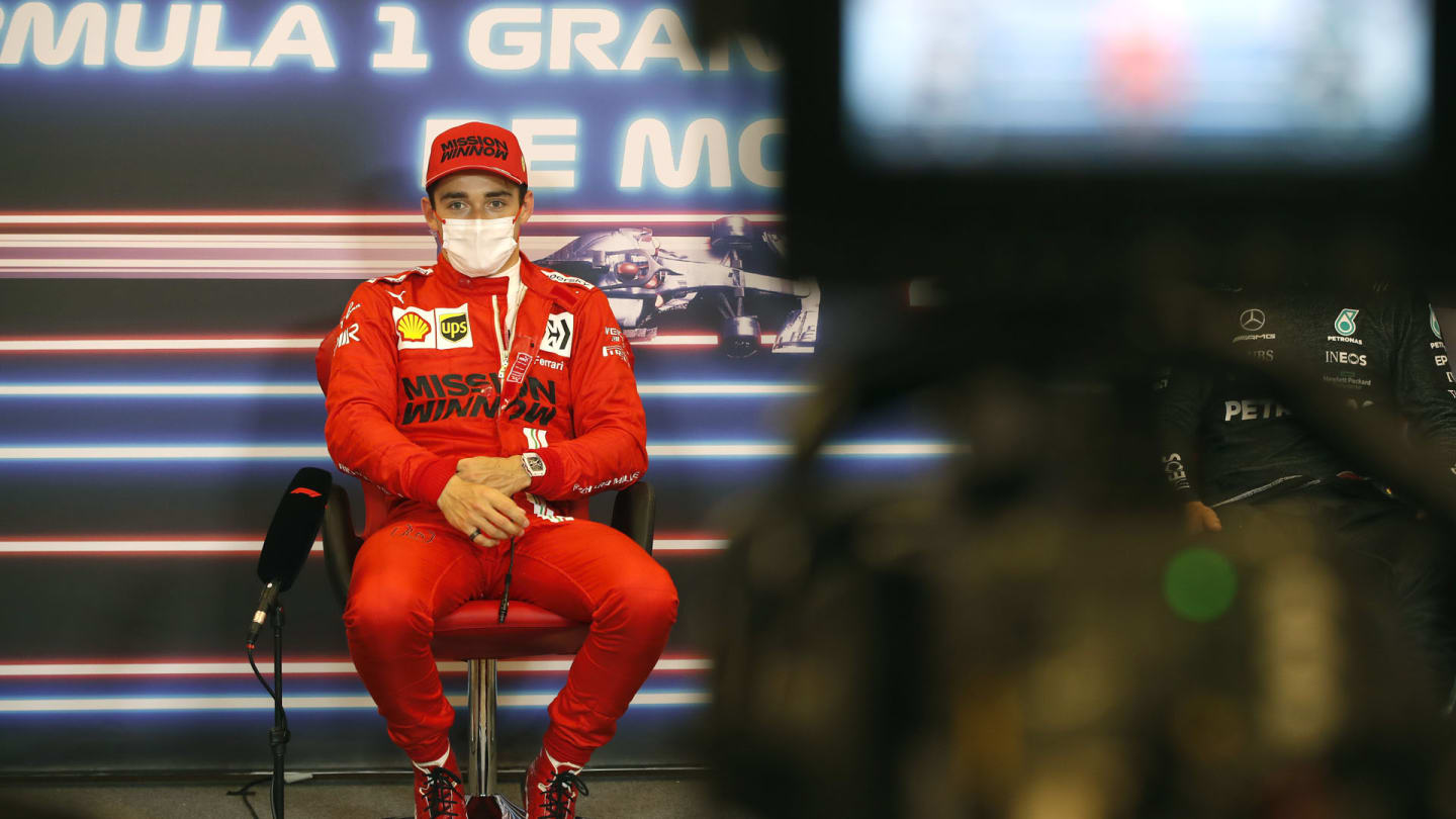 Pole starter Charles Leclerc, Ferrari, in the post Qualifying Press