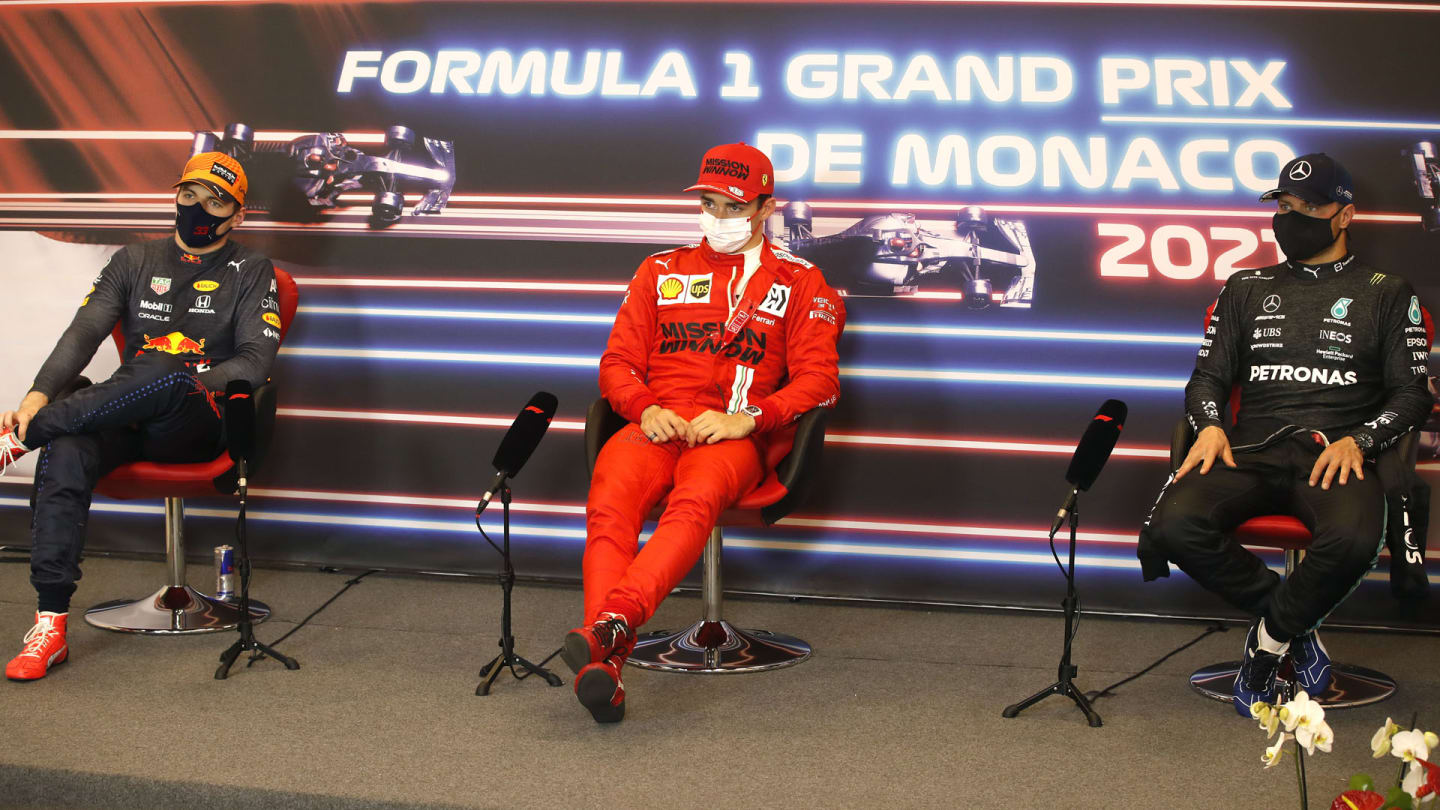 Max Verstappen, Red Bull Racing, pole man Charles Leclerc, Ferrari, and Valtteri Bottas, Mercedes, in the post Qualifying Press Conference