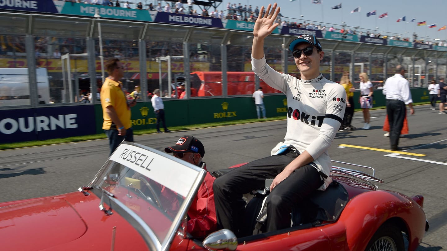 Williams' British driver George Russell takes part in the drivers' parade in Melbourne on March 17,
