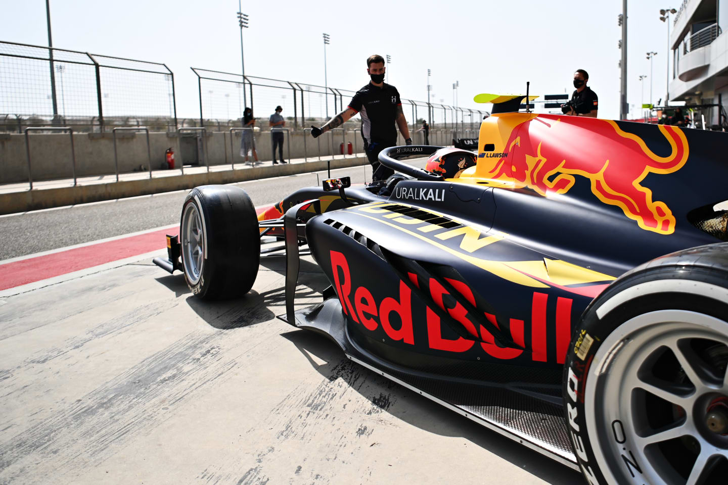 BAHRAIN, BAHRAIN - MARCH 08: Liam Lawson of New Zealand and Hitech Grand Prix (7) leaves the pits