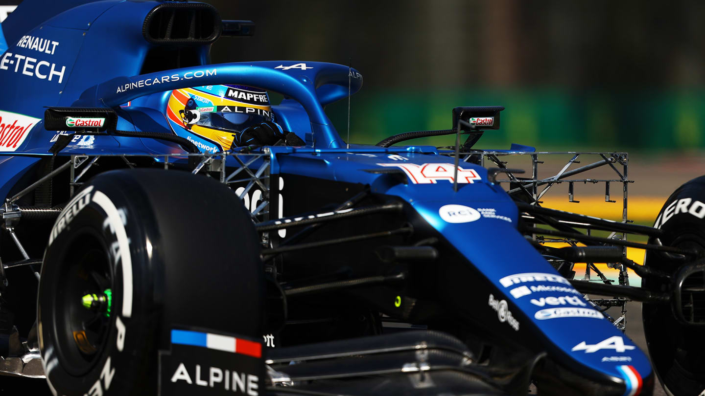 IMOLA, ITALY - APRIL 16: Fernando Alonso of Spain driving the (14) Alpine A521 Renault on track