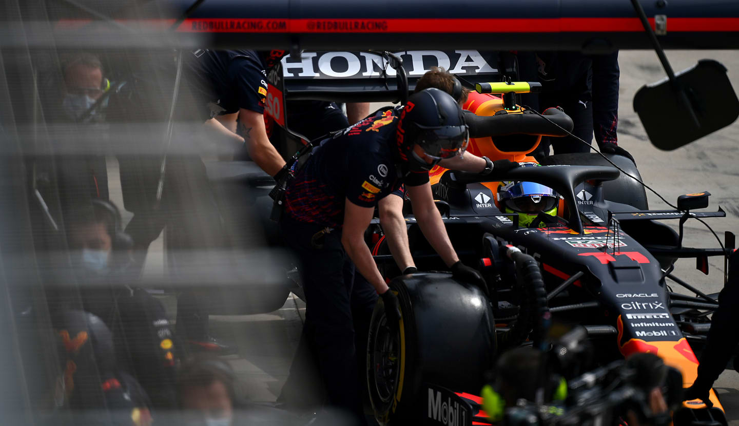 IMOLA, ITALY - APRIL 17: Sergio Perez of Mexico driving the (11) Red Bull Racing RB16B Honda stops