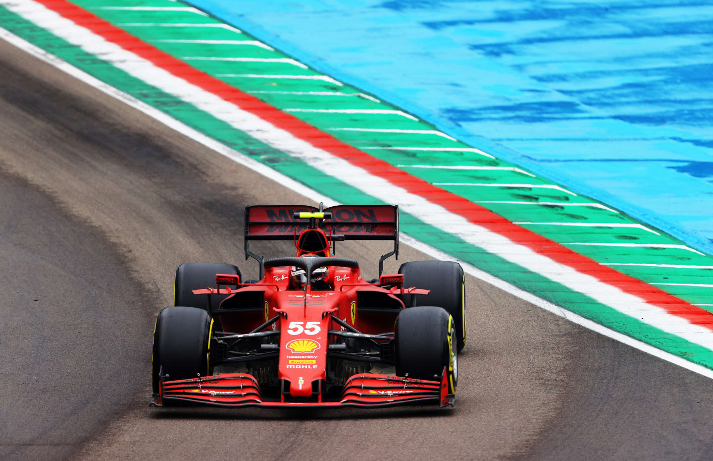 IMOLA, ITALY - APRIL 18: Carlos Sainz of Spain driving the (55) Scuderia Ferrari SF21 on track