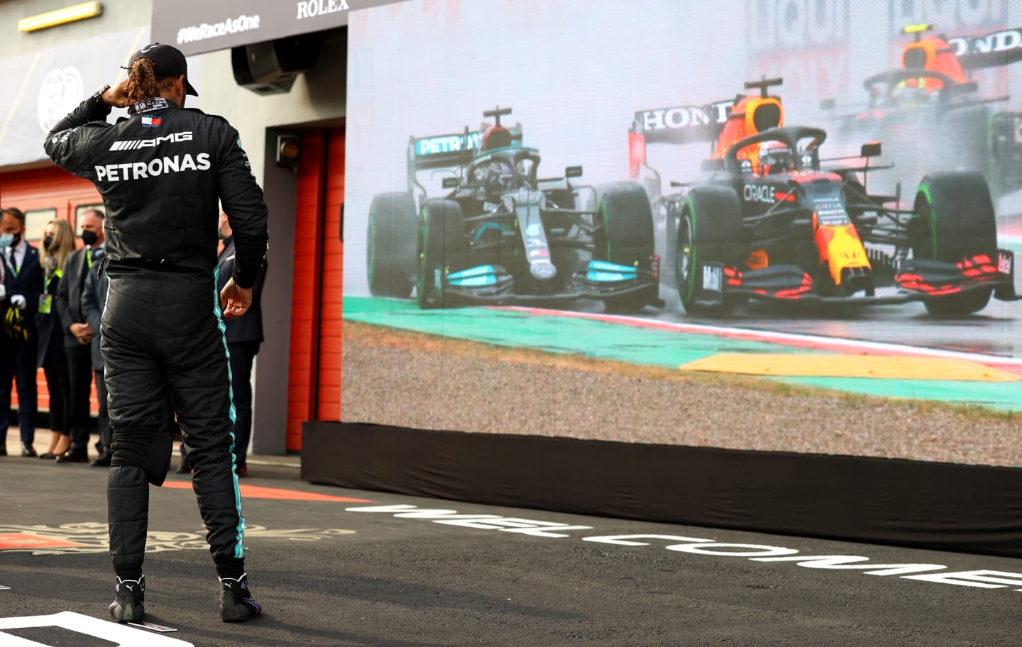 IMOLA, ITALY - APRIL 18: Second placed Lewis Hamilton of Great Britain and Mercedes GP watches a