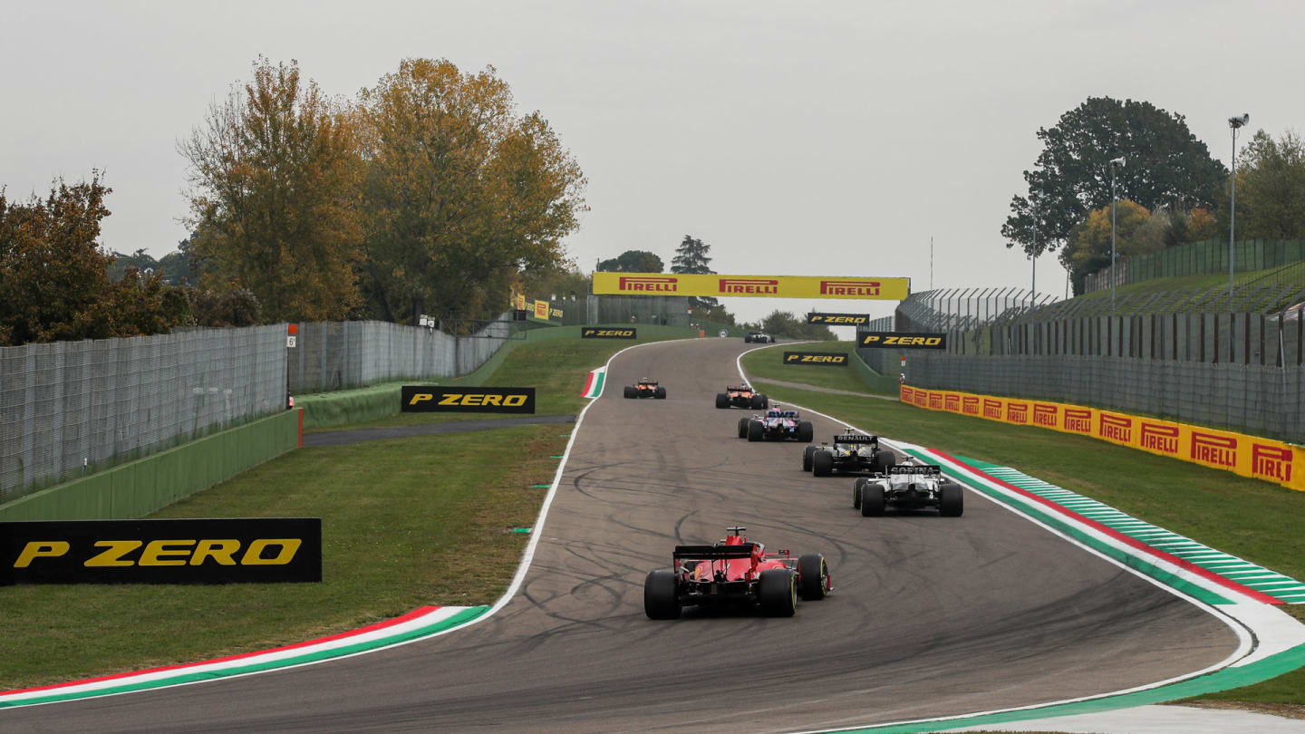 Sergio Perez, Racing Point RP20, leads Esteban Ocon, Renault R.S.20, George Russell, Williams FW43,