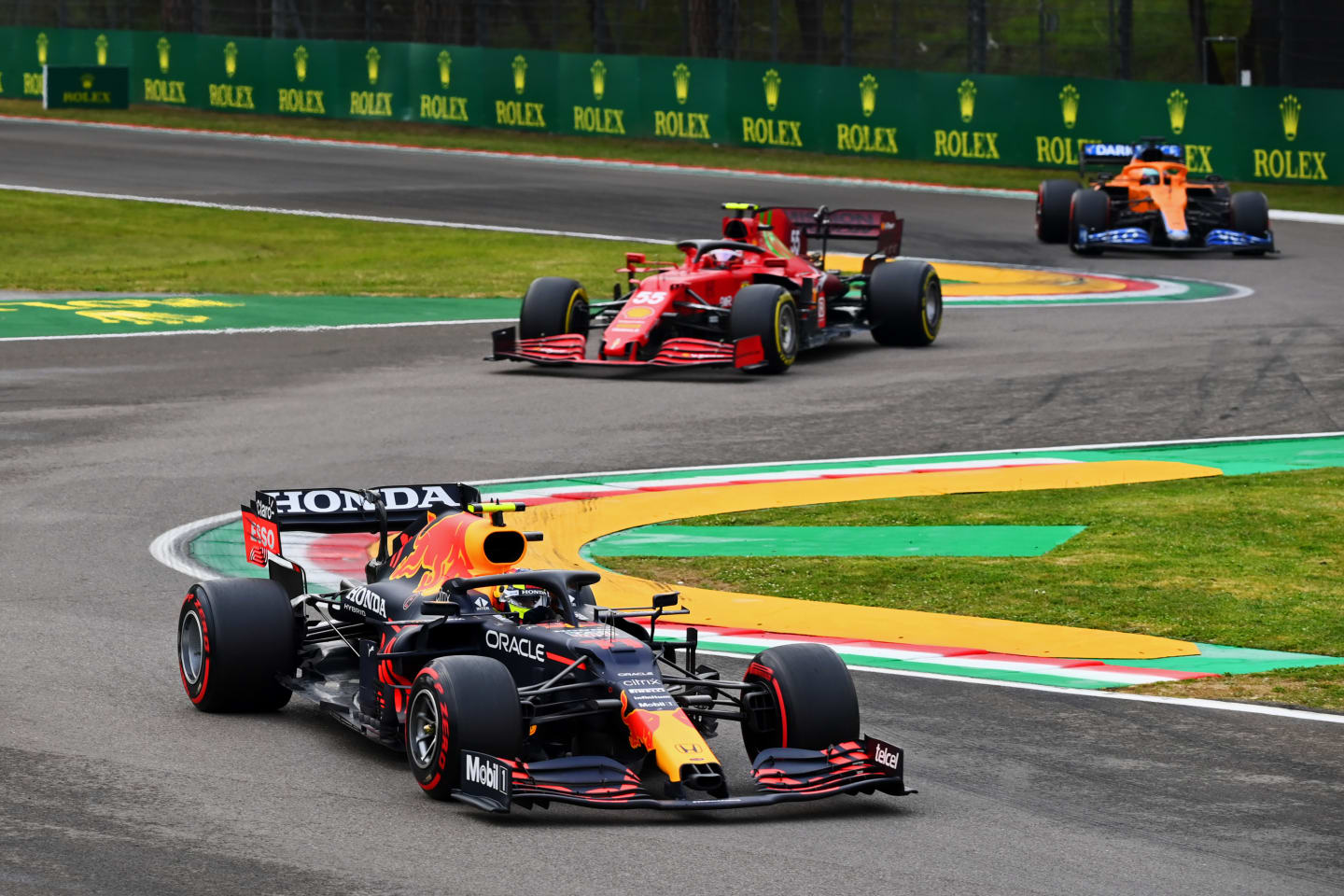 IMOLA, ITALY - APRIL 18:  Sergio Perez of Mexico driving the (11) Red Bull Racing RB16B Honda ahead