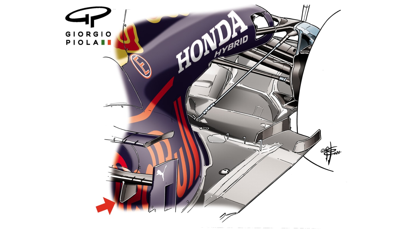 As you can see in this technical drawing, the rear lower wishbone on the RB16B is now behind the track rod...