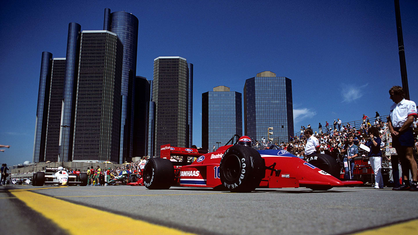 Eddie Cheever, Lola-Ford THL2, Grand Prix of Detroit, Detroit street circuit, 22 June 1986. (Photo