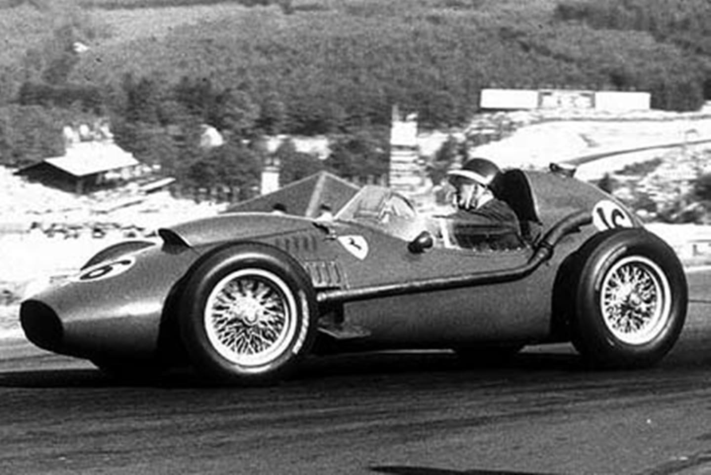 Spa, June 1958: Hawthorn wrestles with the wheel of his Ferrari. He took pole position and fastest