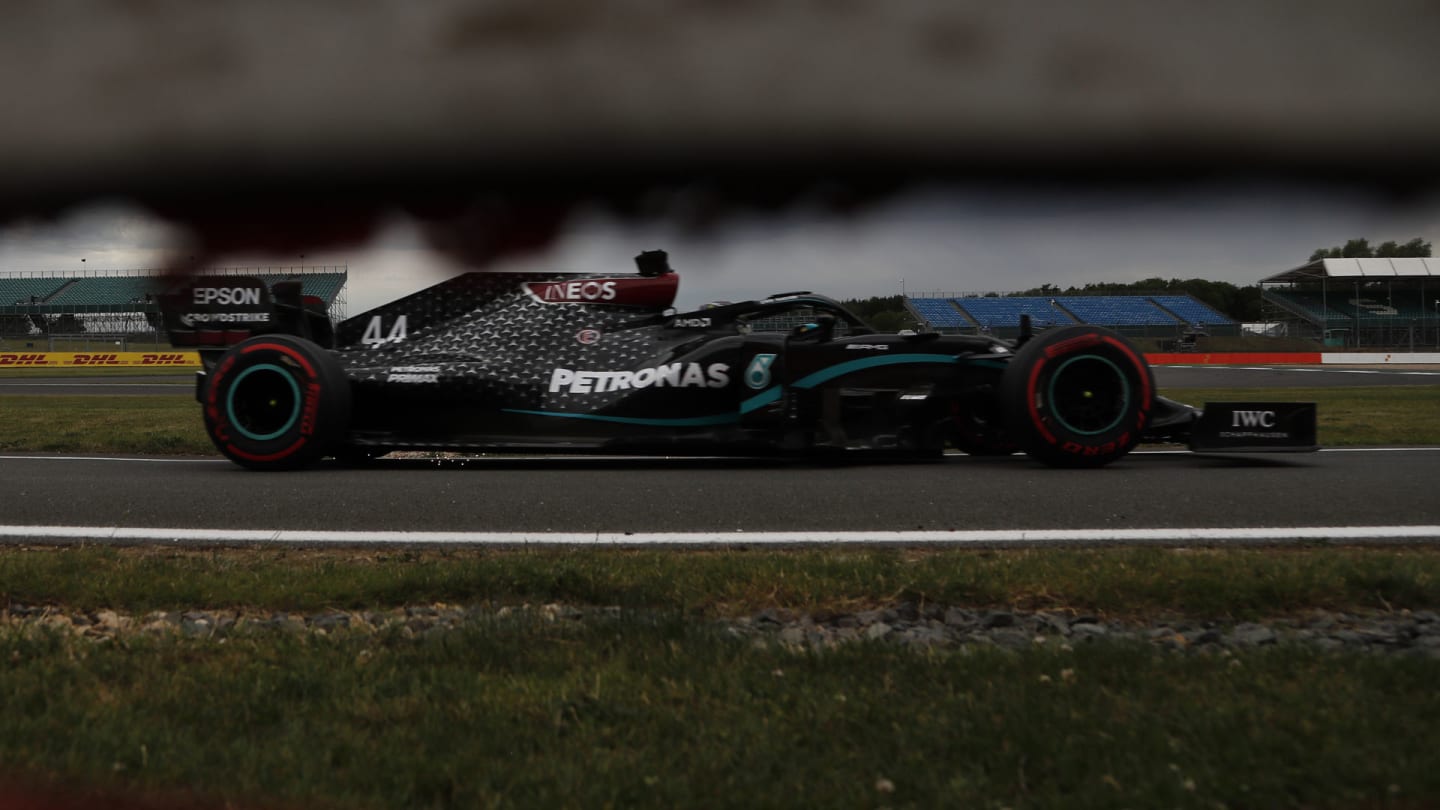 Mercedes driver Lewis Hamilton of Britain steers his car during the second practice session at the 70th Anniversary Formula One Grand Prix at the Silverstone circuit, Silverstone, England, Friday, Aug. 7, 2020. (AP Photo/Frank Augstein, Pool)
