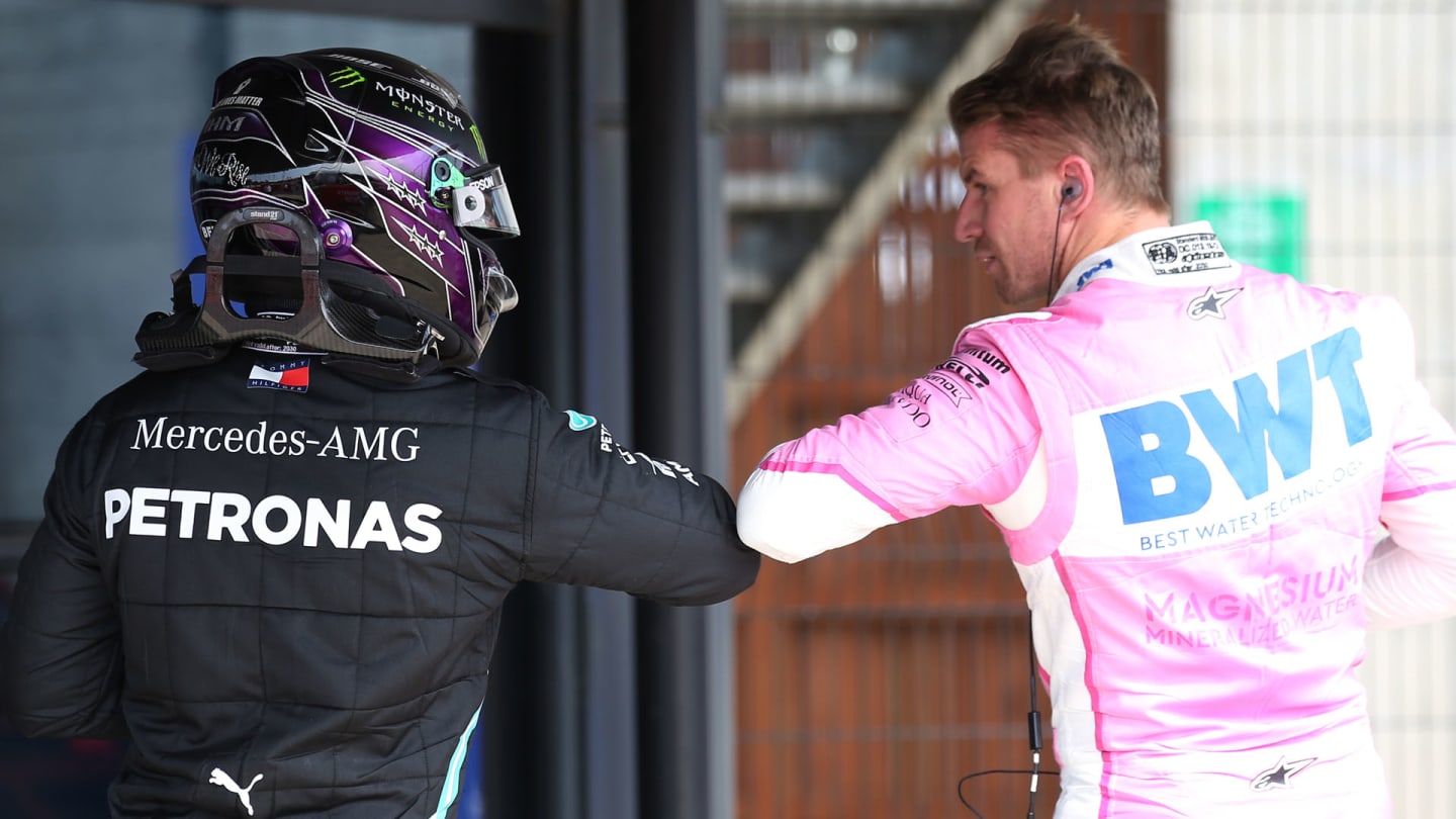 (L to R): Lewis Hamilton (GBR) Mercedes AMG F1 and Nico Hulkenberg (GER) Racing Point F1 Team in