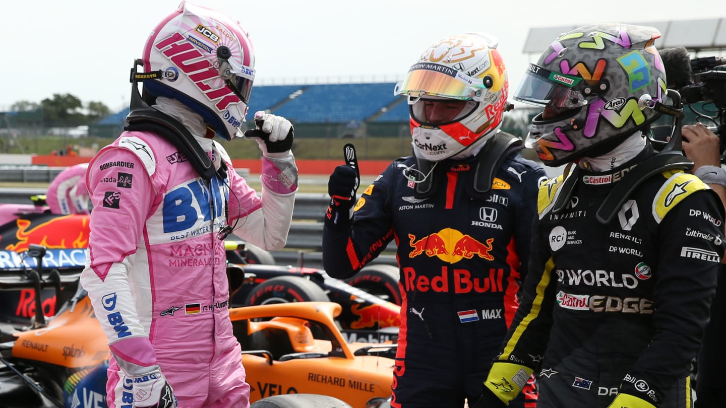 (L to R): Nico Hulkenberg (GER) Racing Point F1 Team celebrates his third position in qualifying