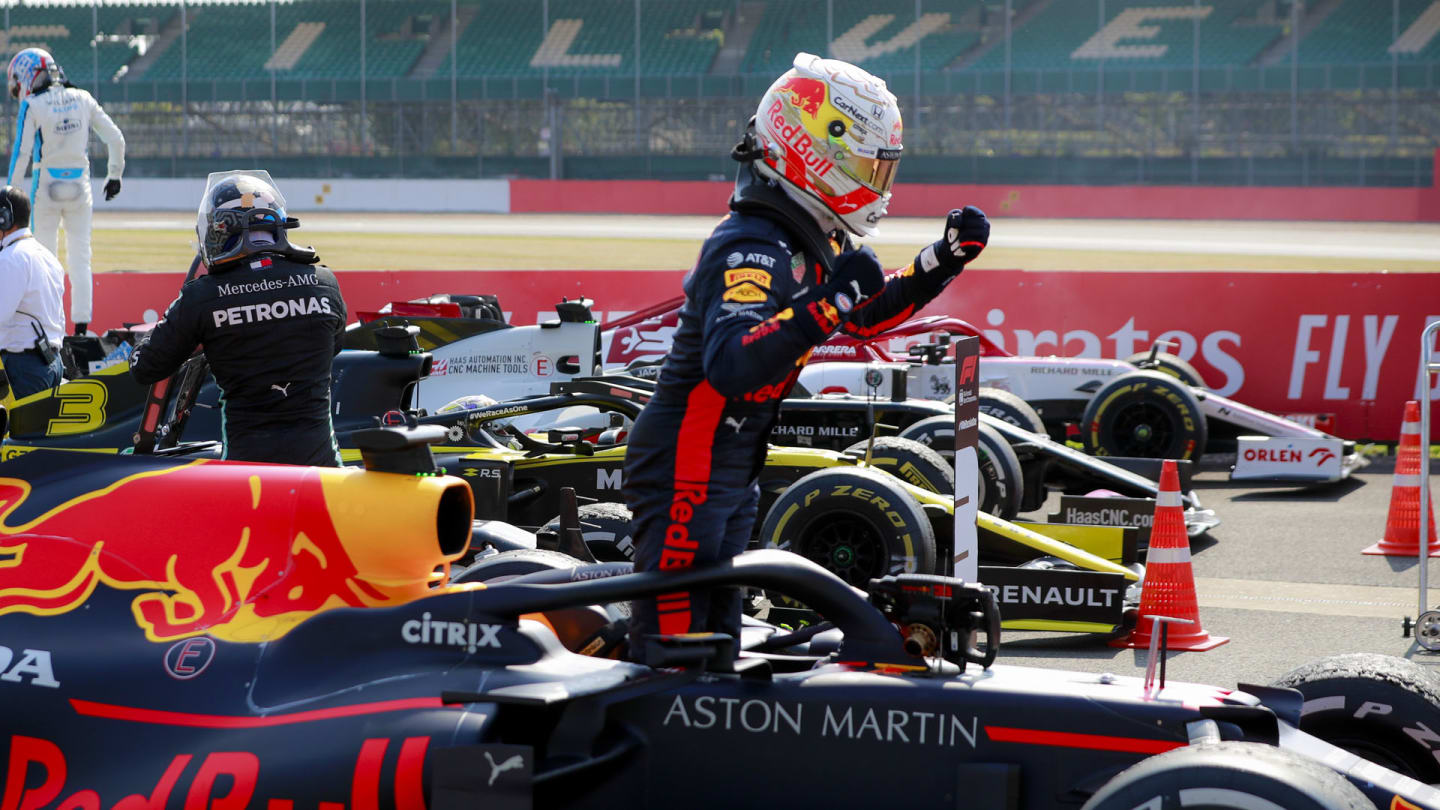Max Verstappen, Red Bull Racing RB16, 1st position, celebrates on arrival in Parc
