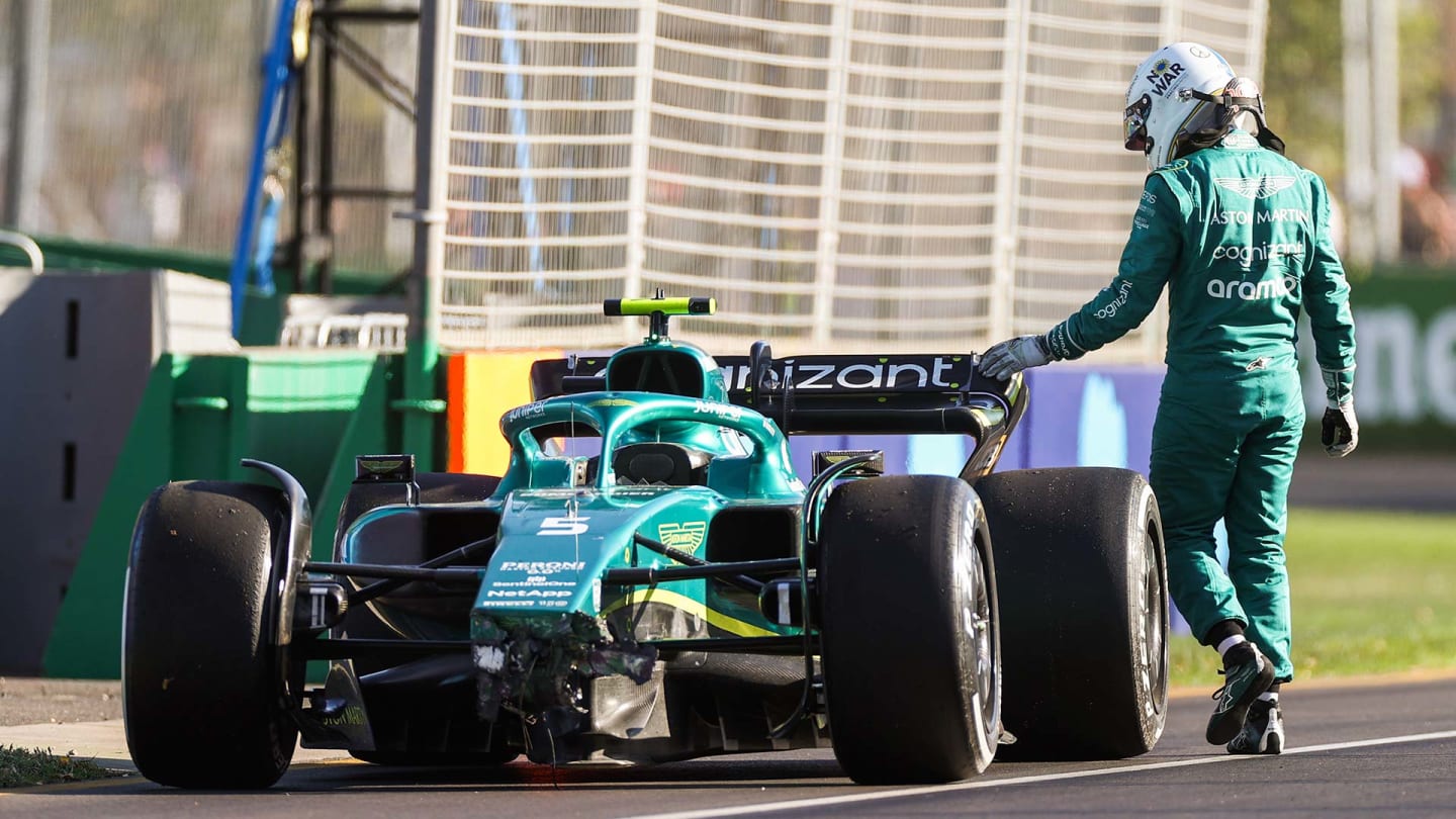 MELBOURNE, AUSTRALIA - APRIL 10: Sebastian Vettel of Aston Martin and Germany retires during the F1 Grand Prix of Australia at Melbourne Grand Prix Circuit on April 10, 2022 in Melbourne, Australia. (Photo by Peter J Fox/Getty Images)