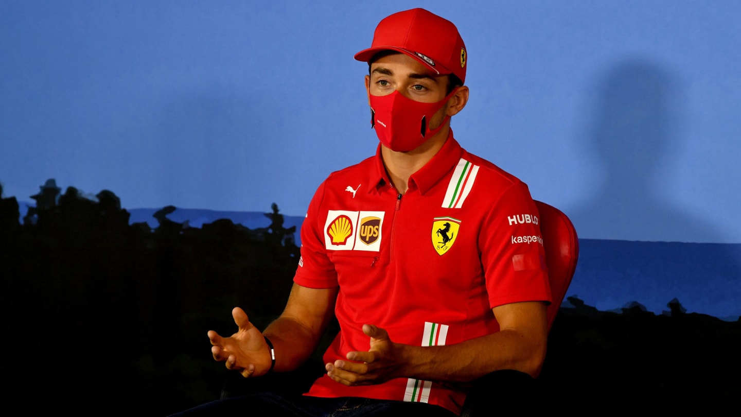 Ferrari driver Charles Leclerc of Monaco speaks during drivers news conference the at the Red Bull