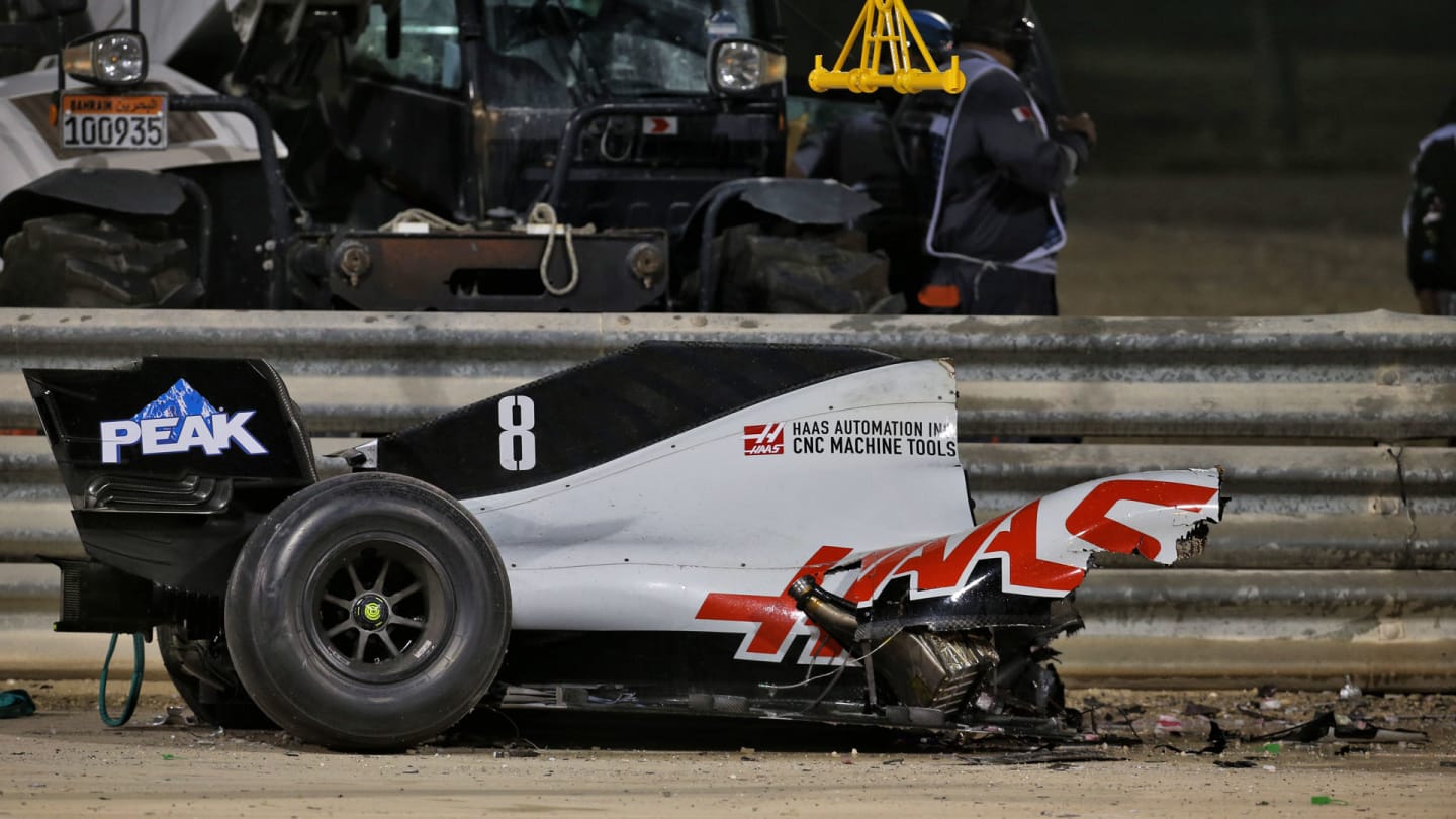 The heavily damaged Haas F1 Team VF-20 of Romain Grosjean (FRA) Haas F1 Team after crashed at the