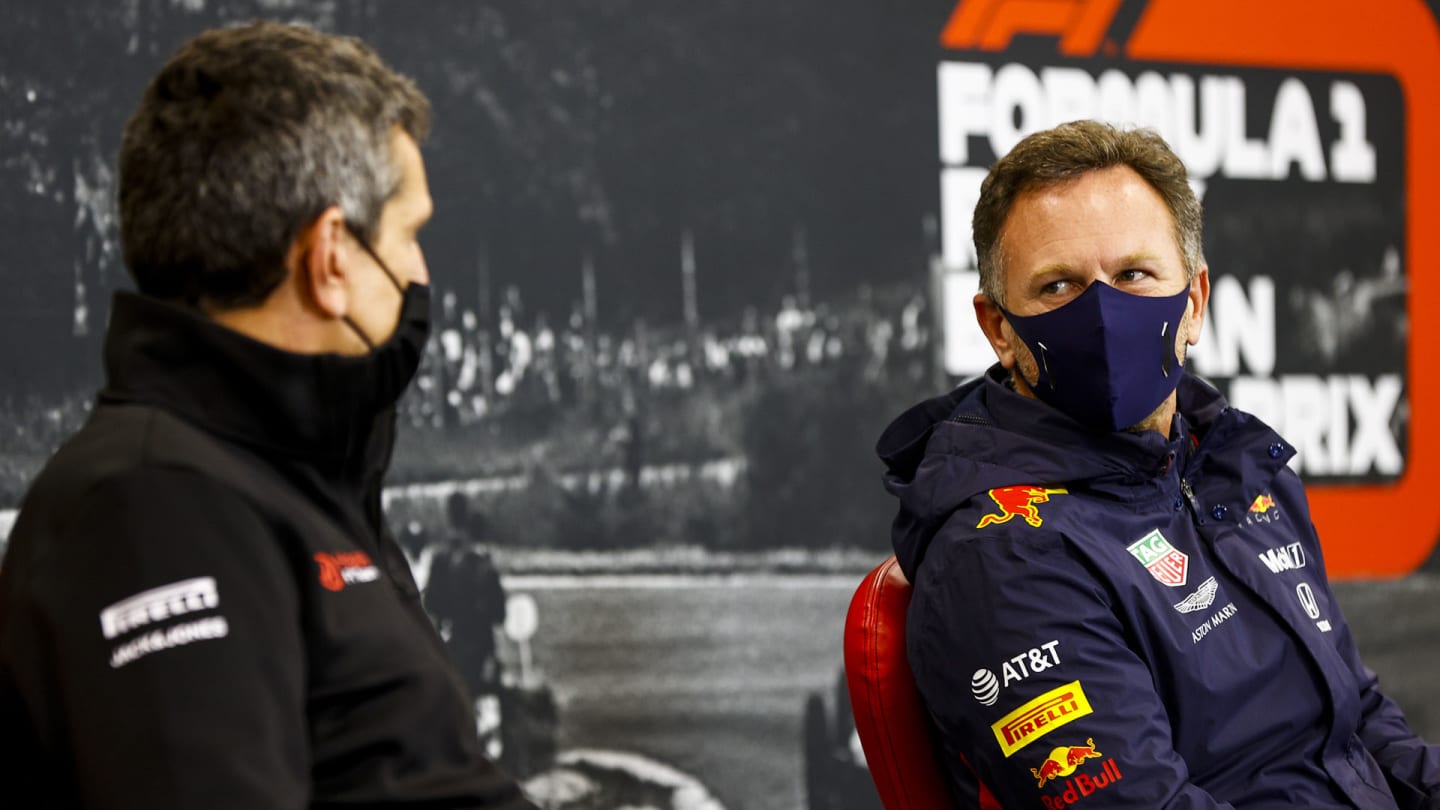 Guenther Steiner, Team Principal, Haas F1 and Christian Horner, Team Principal, Red Bull Racing in the press conference 