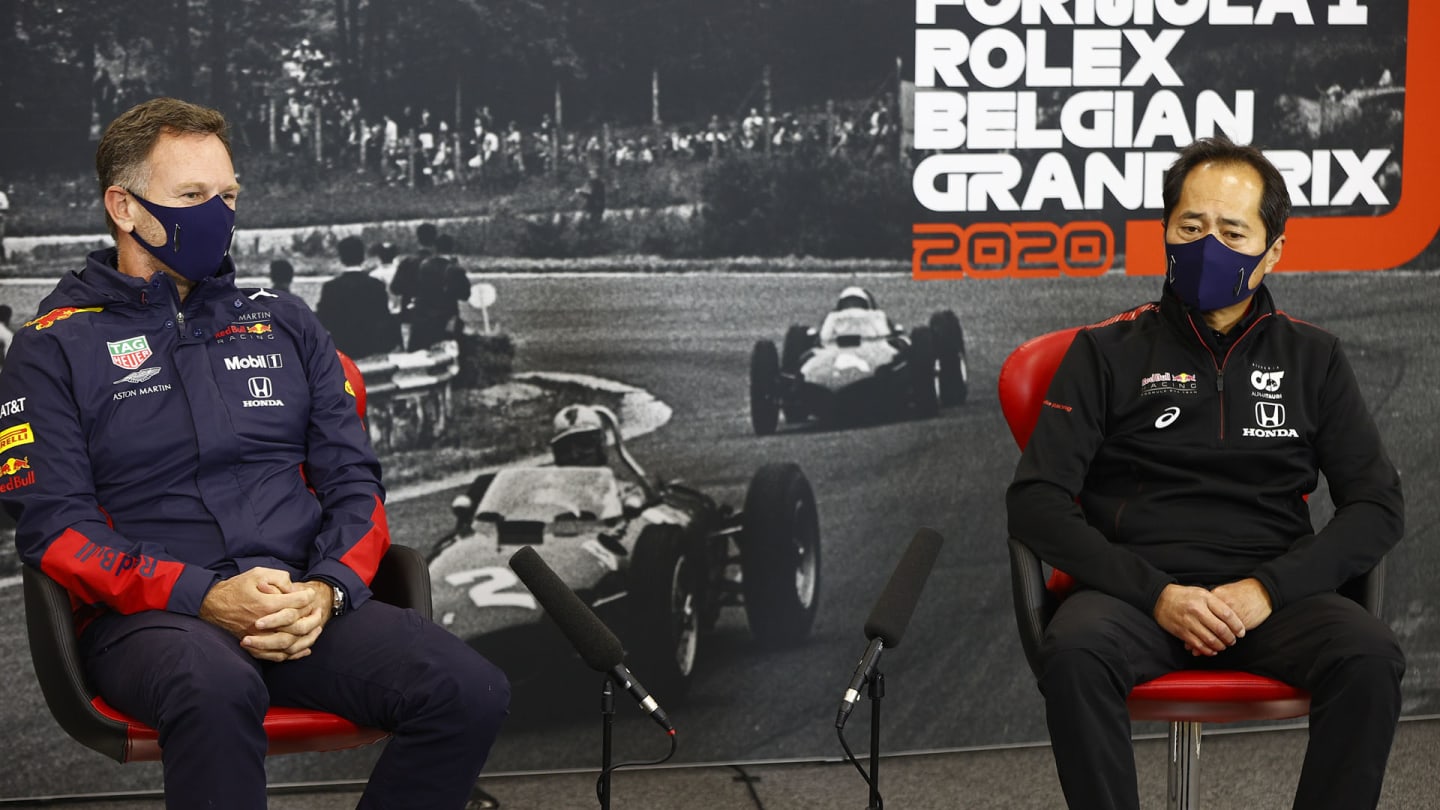 Christian Horner, Team Principal, Red Bull Racing and Toyoharu Tanabe, F1 Technical Director, Honda in the press conference 