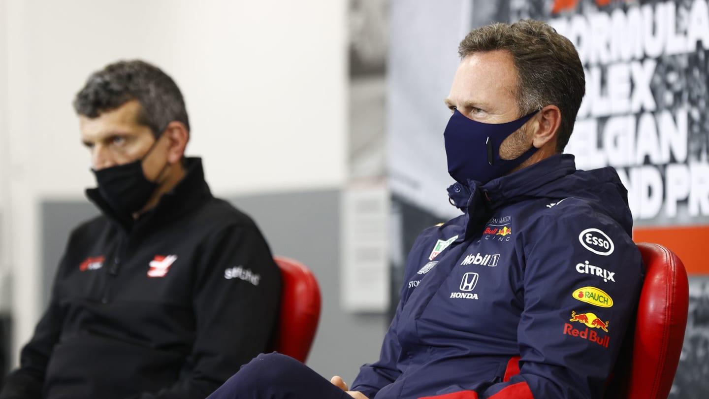 Christian Horner, Team Principal, Red Bull Racing and Guenther Steiner, Team Principal, Haas F1 in the press conference 