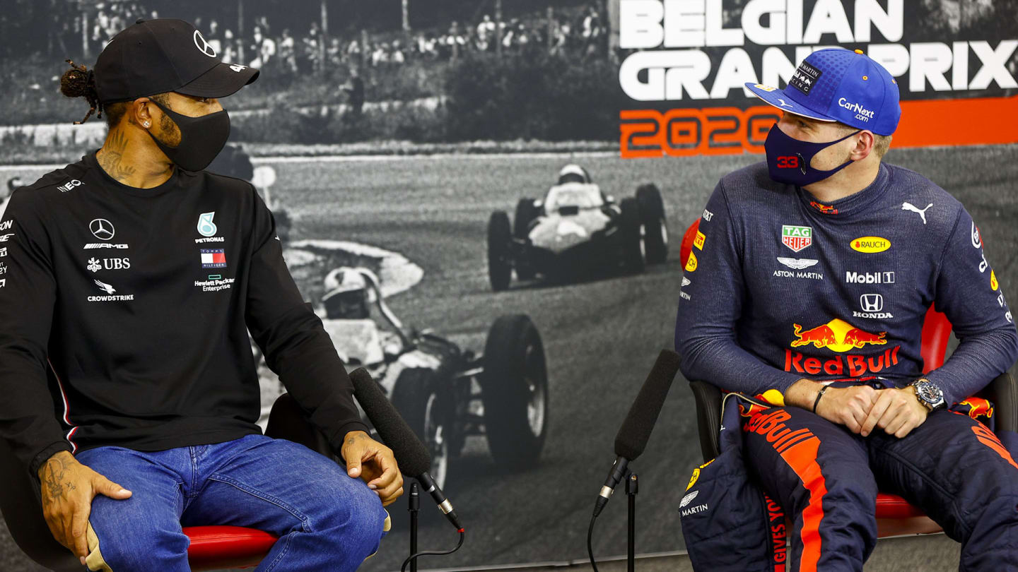Pole man Lewis Hamilton, Mercedes-AMG Petronas F1, and Max Verstappen, Red Bull Racing, talk in the