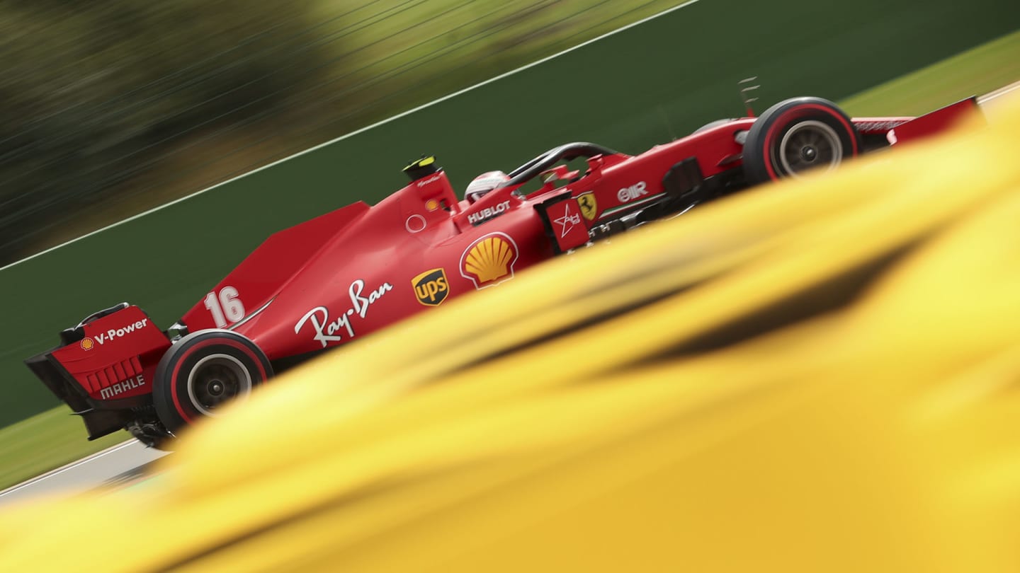 Ferrari driver Charles Leclerc of Monaco steers his car during practice for the Formula One Grand