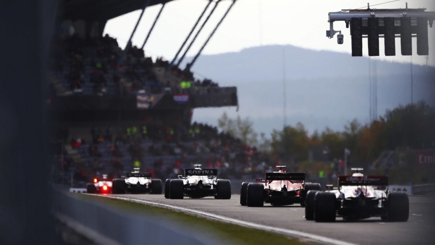 Cars line up during the Eifel Formula One Grand Prix at the Nuerburgring racetrack in Nuerburg,