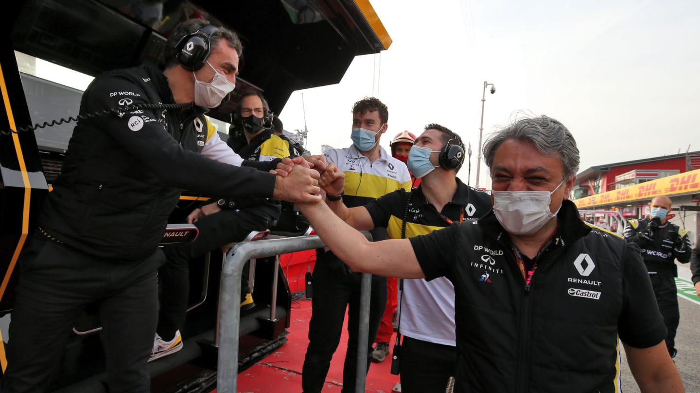 Cyril Abiteboul (FRA) Renault Sport F1 Managing Director celebrates third position for Daniel