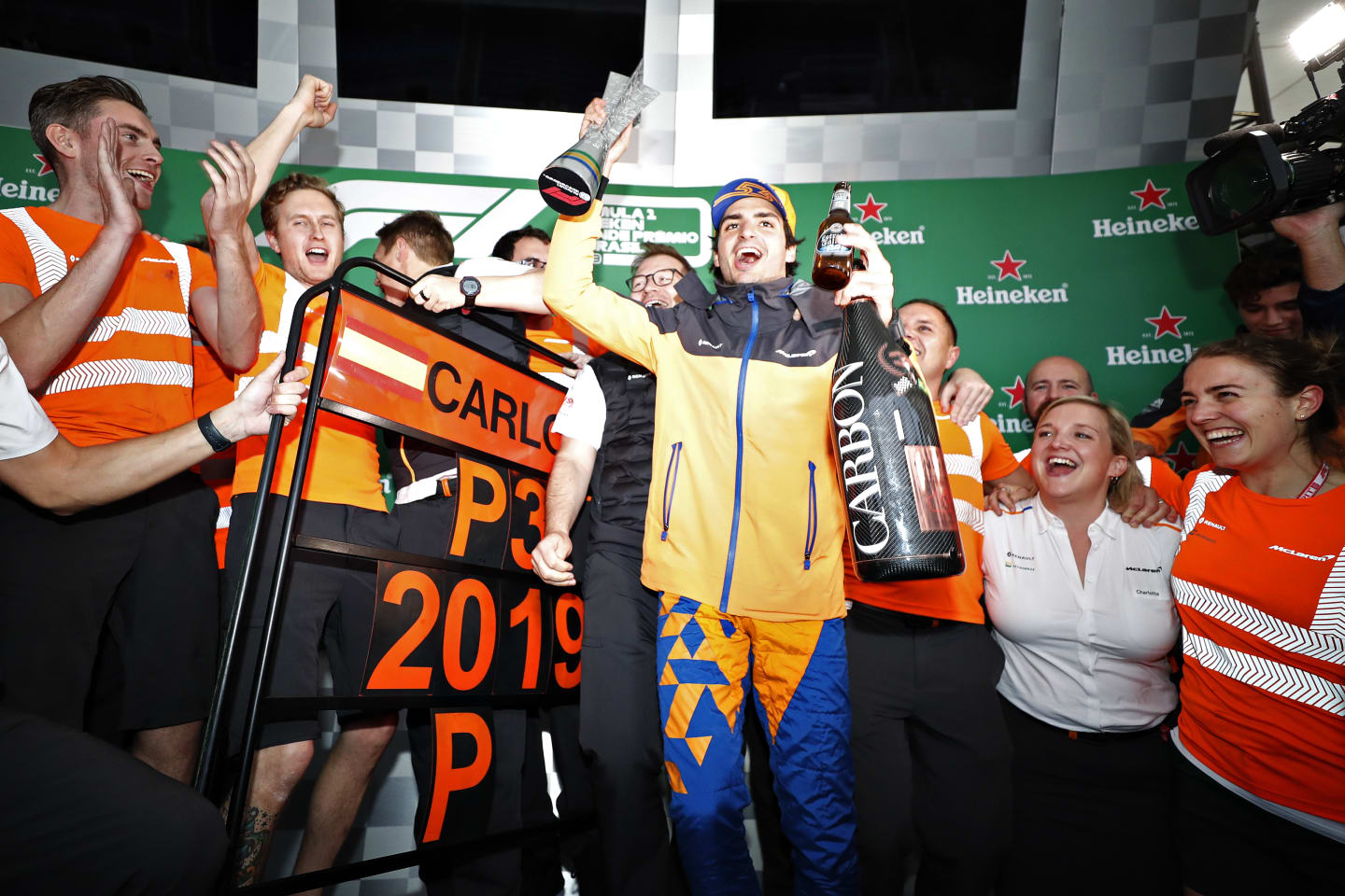 SAO PAULO, BRAZIL - NOVEMBER 17: Carlos Sainz of Spain and McLaren F1 celebrates after later being awarded third place in the F1 Grand Prix of Brazil at Autodromo Jose Carlos Pace on November 17, 2019 in Sao Paulo, Brazil. (Photo by Getty Images/Getty Images)
