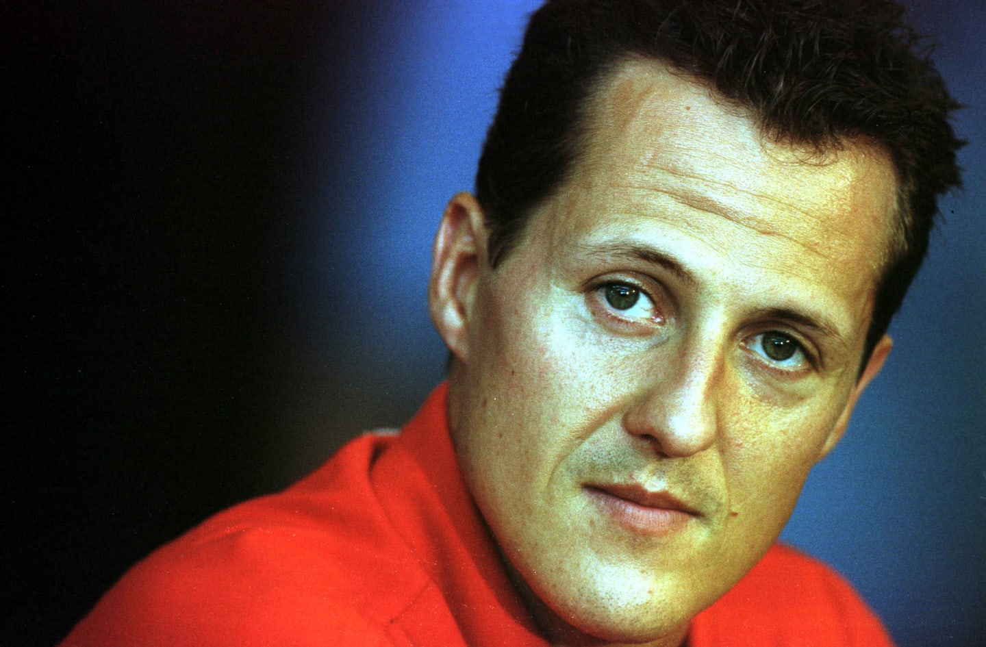 26 Jul 2001:  Michael Schumacher of Germany and Ferrari speaks to the media during an FIA Press