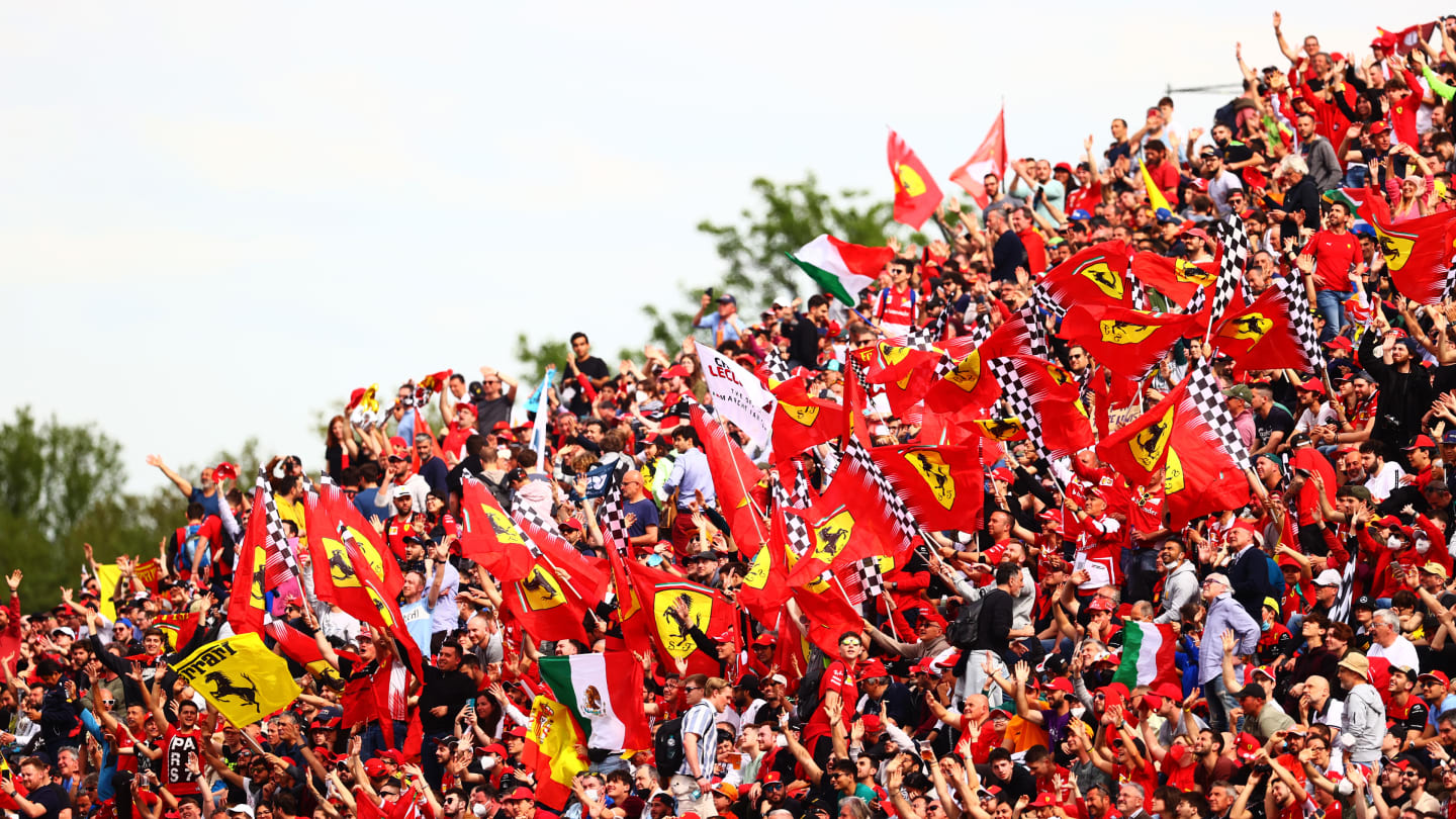 IMOLA, ITALY - APRIL 23: Ferrari fans show their support during Sprint ahead of the F1 Grand Prix