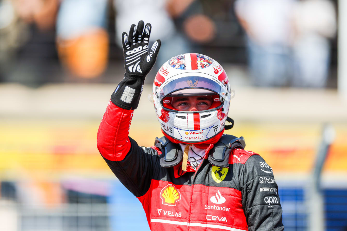 LE CASTELLET, FRANCE - JULY 23: Charles Leclerc of Ferrari and Monaco celebrates pole position during qualifying ahead of the F1 Grand Prix of France at Circuit Paul Ricard on July 23, 2022 in Le Castellet, France. (Photo by Peter J Fox/Getty Images)