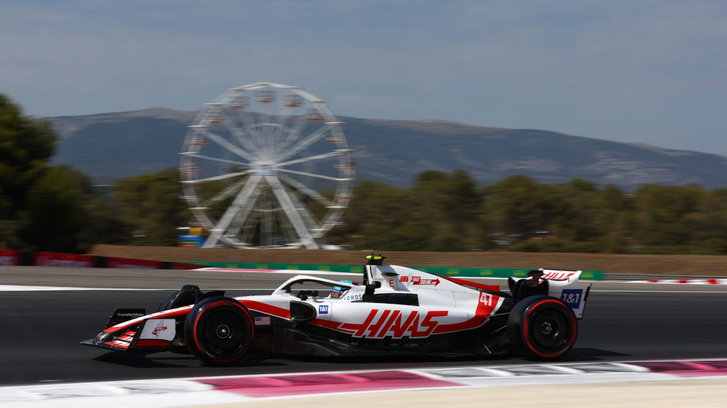 LE CASTELLET, FRANCE - JULY 23: Mick Schumacher of Germany driving the (47) Haas F1 VF-22 Ferrari on track during qualifying ahead of the F1 Grand Prix of France at Circuit Paul Ricard on July 23, 2022 in Le Castellet, France. (Photo by Bryn Lennon - Formula 1/Formula 1 via Getty Images)