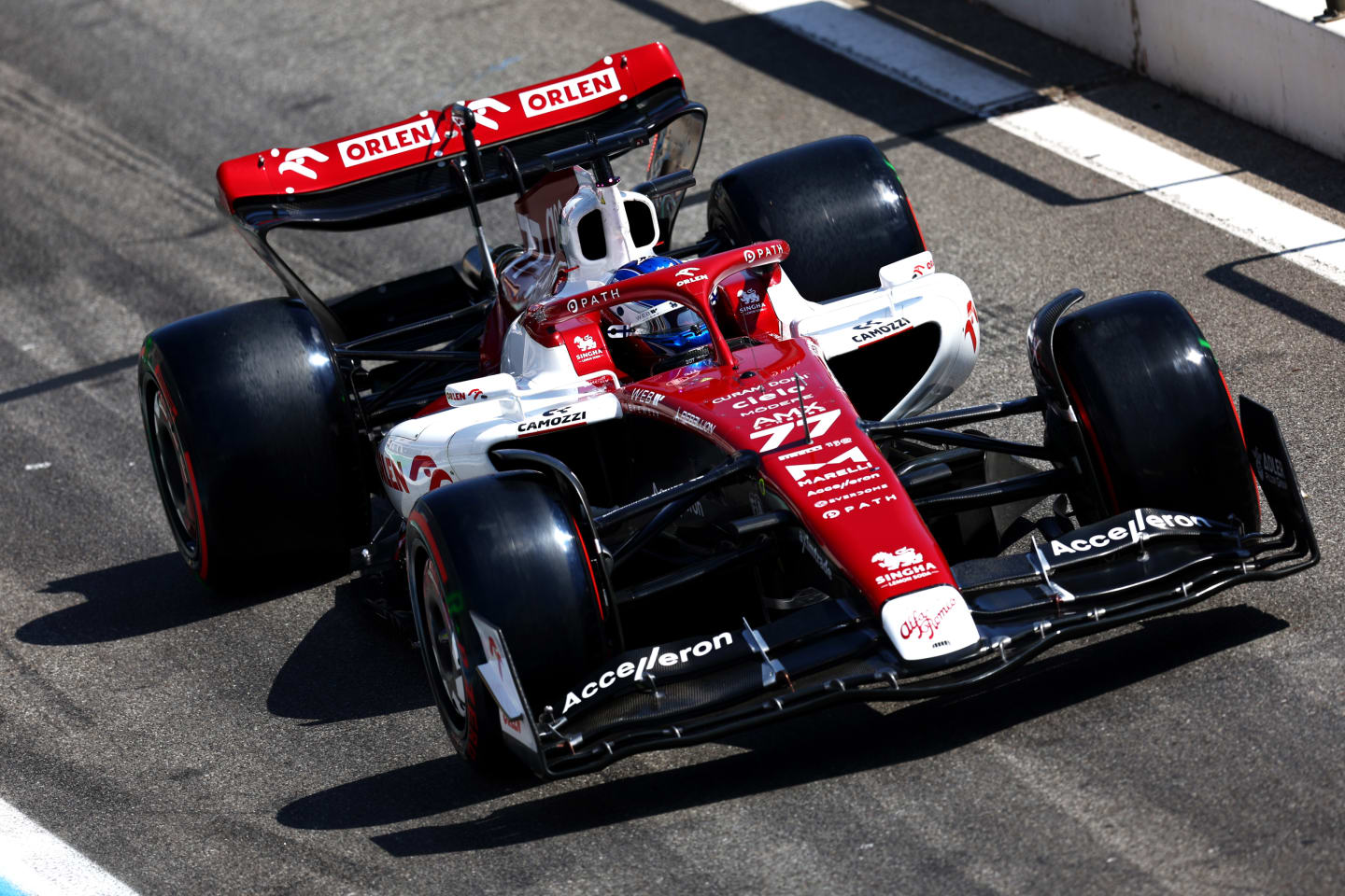 LE CASTELLET, FRANCE - JULY 23: Valtteri Bottas of Finland driving the (77) Alfa Romeo F1 C42 Ferrari in the pitlane during qualifying ahead of the F1 Grand Prix of France at Circuit Paul Ricard on July 23, 2022 in Le Castellet, France. (Photo by Clive Rose/Getty Images)