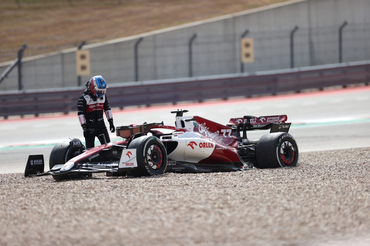 AUSTIN, TEXAS - OCTOBER 23: Valterri Bottas of Alfa Romeo and Finland crashes out during the F1 Grand Prix of USA at Circuit of The Americas on October 23, 2022 in Austin, Texas. (Photo by Peter J Fox/Getty Images)