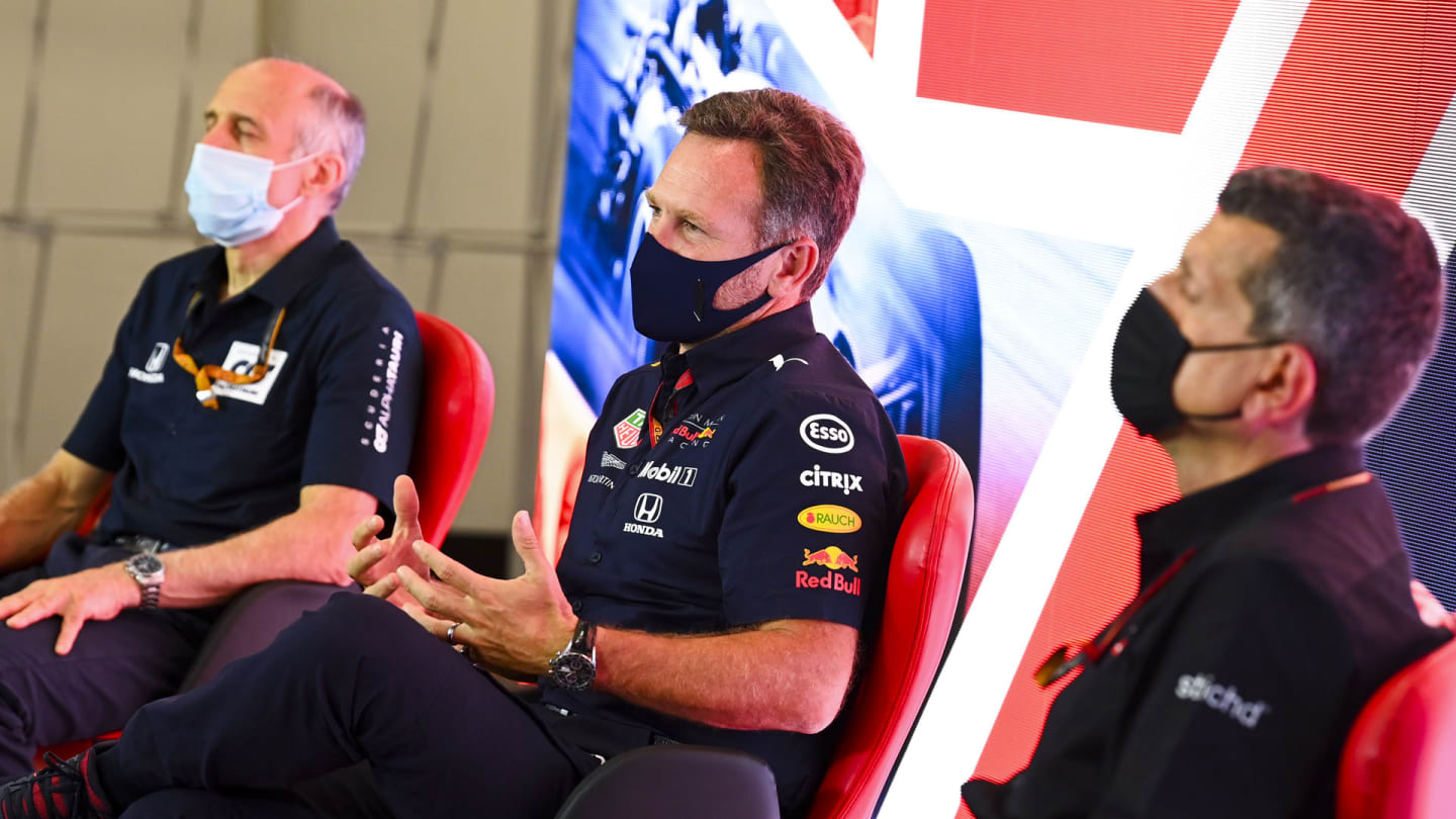 Franz Tost, Team Principal, AlphaTauri, Christian Horner, Team Principal, Red Bull Racing and Guenther Steiner, Team Principal, Haas F1 in the press conference 