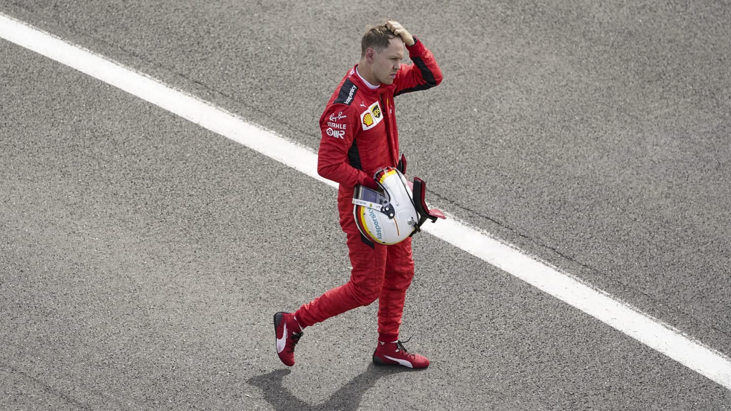German Formula One driver Sebastian Vettel of Scuderia Ferrari reacts after the 2020 Formula One Grand Prix of Great Britain at the Silverstone Circuit, in Northamptonshire, Britain, 2 August 2020.
