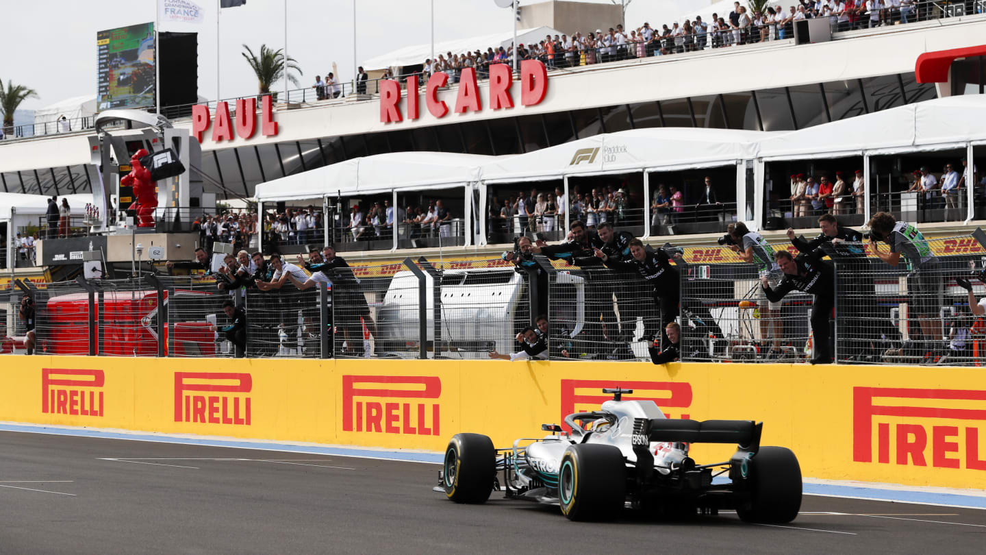 CIRCUIT PAUL RICARD, FRANCE - JUNE 24: Lewis Hamilton, Mercedes AMG F1 W09, crosses the line for