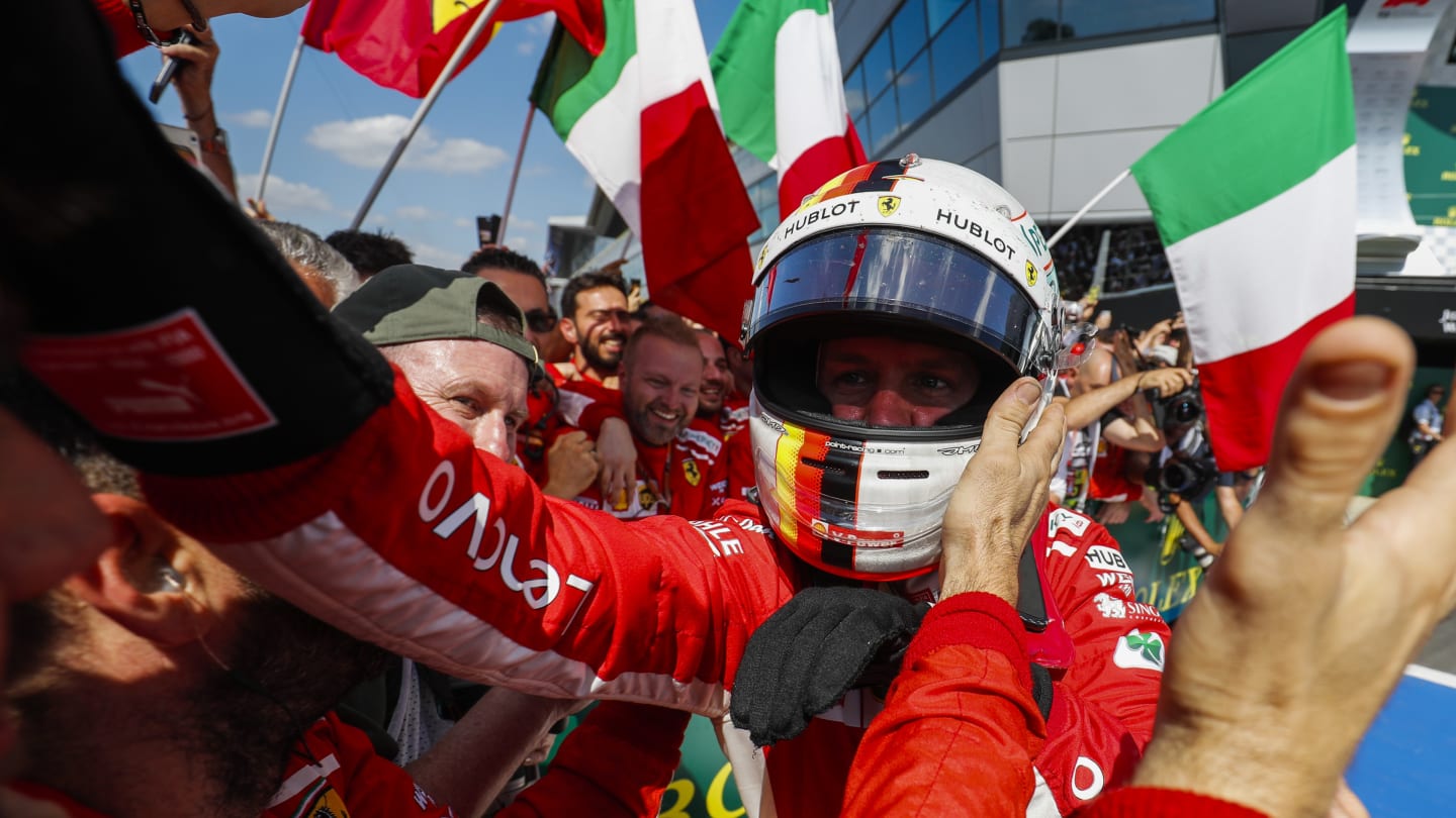 SILVERSTONE, UNITED KINGDOM - JULY 08: Sebastian Vettel, Ferrari, 1st position, celebrates with his
