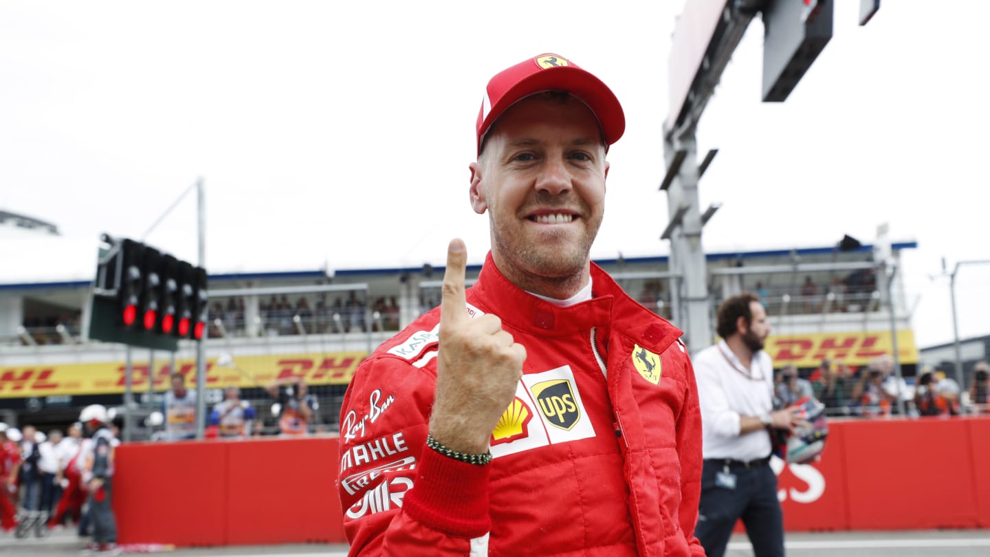 Sebastian Vettel, Ferrari, celebrates taking pole position during the German GP at Hockenheimring on July 21, 2018 in Hockenheimring, Germany. (Photo by Steven Tee / LAT Images) © Motorsport Images