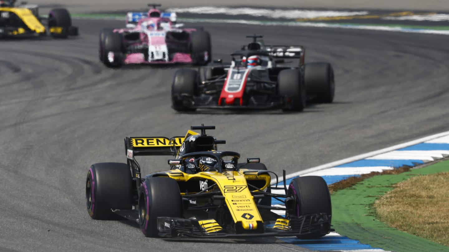 HOCKENHEIMRING, GERMANY - JULY 22: Nico Hulkenberg, Renault Sport F1 Team R.S. 18, leads Romain