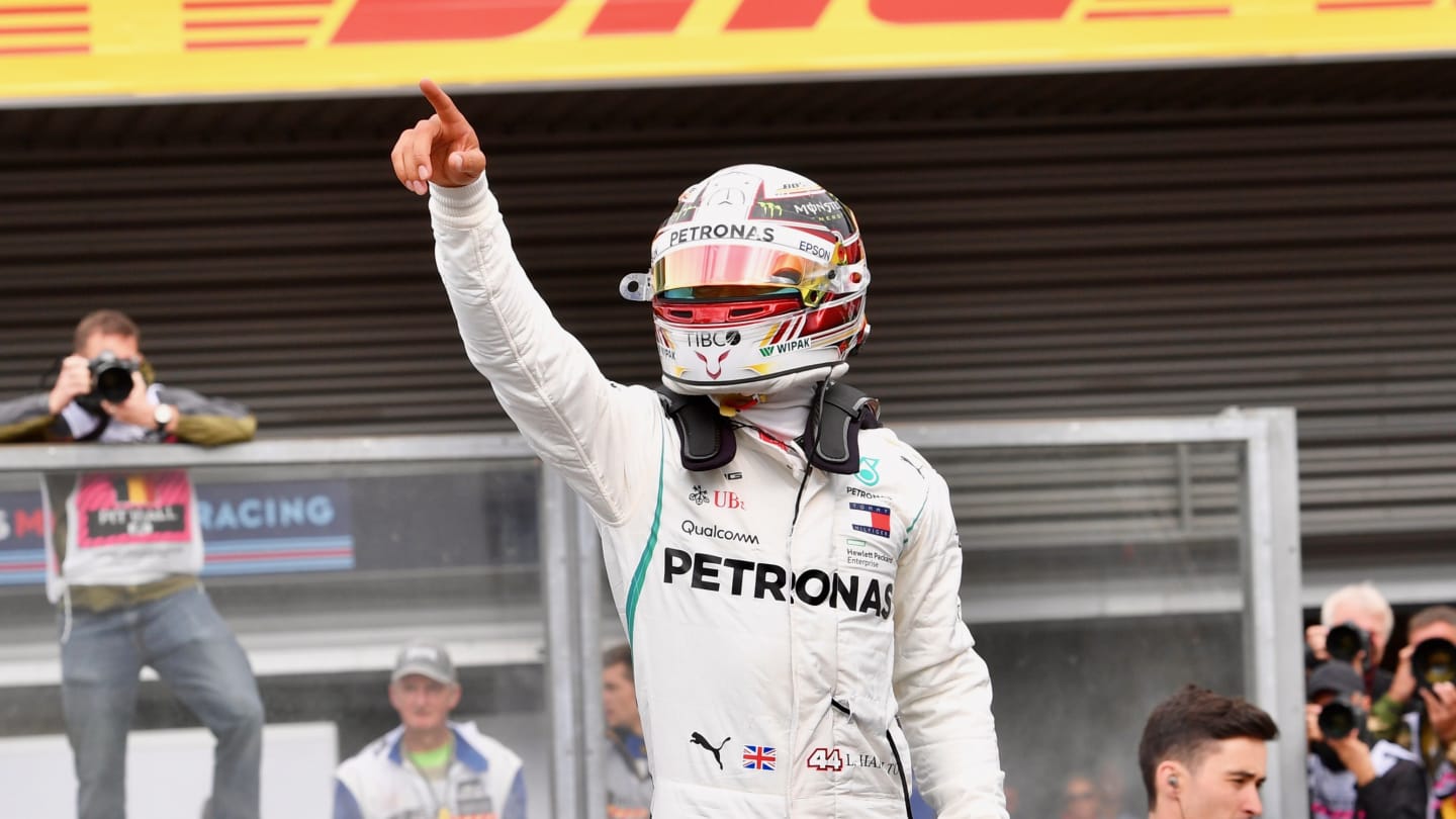 SPA-FRANCORCHAMPS, BELGIUM - AUGUST 25: Pole sitter Lewis Hamilton, Mercedes AMG F1 W09 celebrates