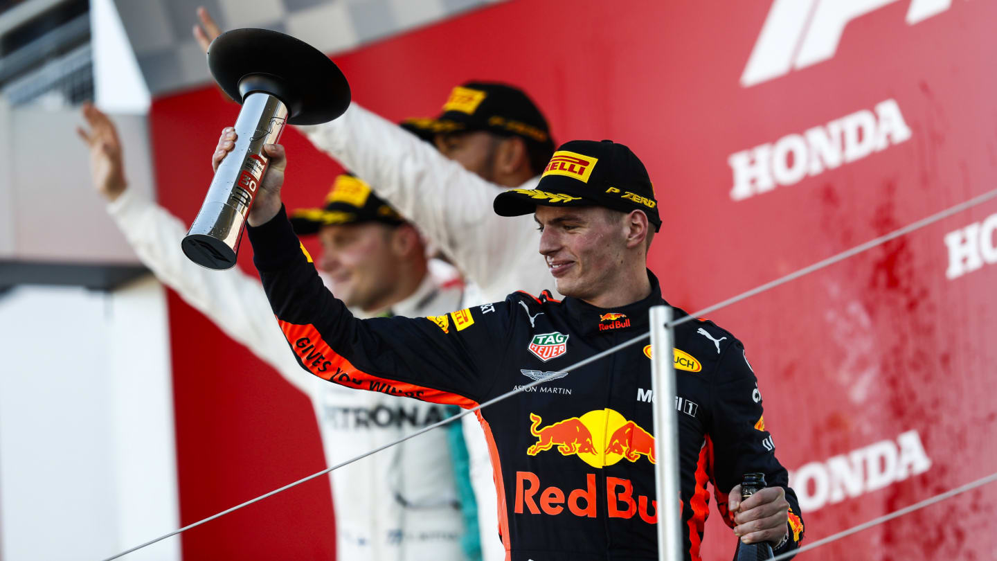 SUZUKA, JAPAN - OCTOBER 07: Max Verstappen, Red Bull Racing, 3rd position, with his trophy on the