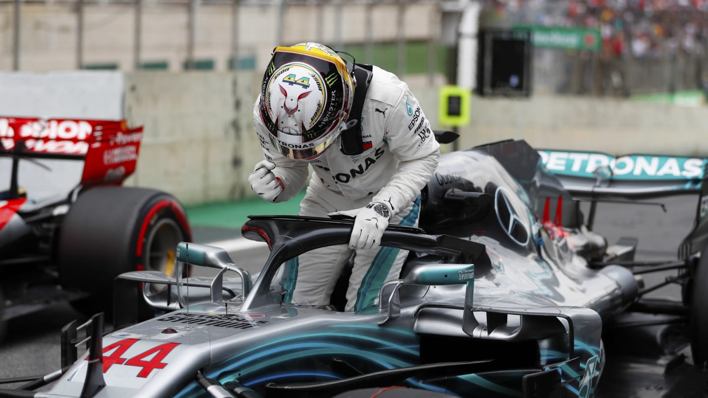 AUTóDROMO JOSé CARLOS PACE, BRAZIL - NOVEMBER 10: Lewis Hamilton, Mercedes AMG F1, celebrates