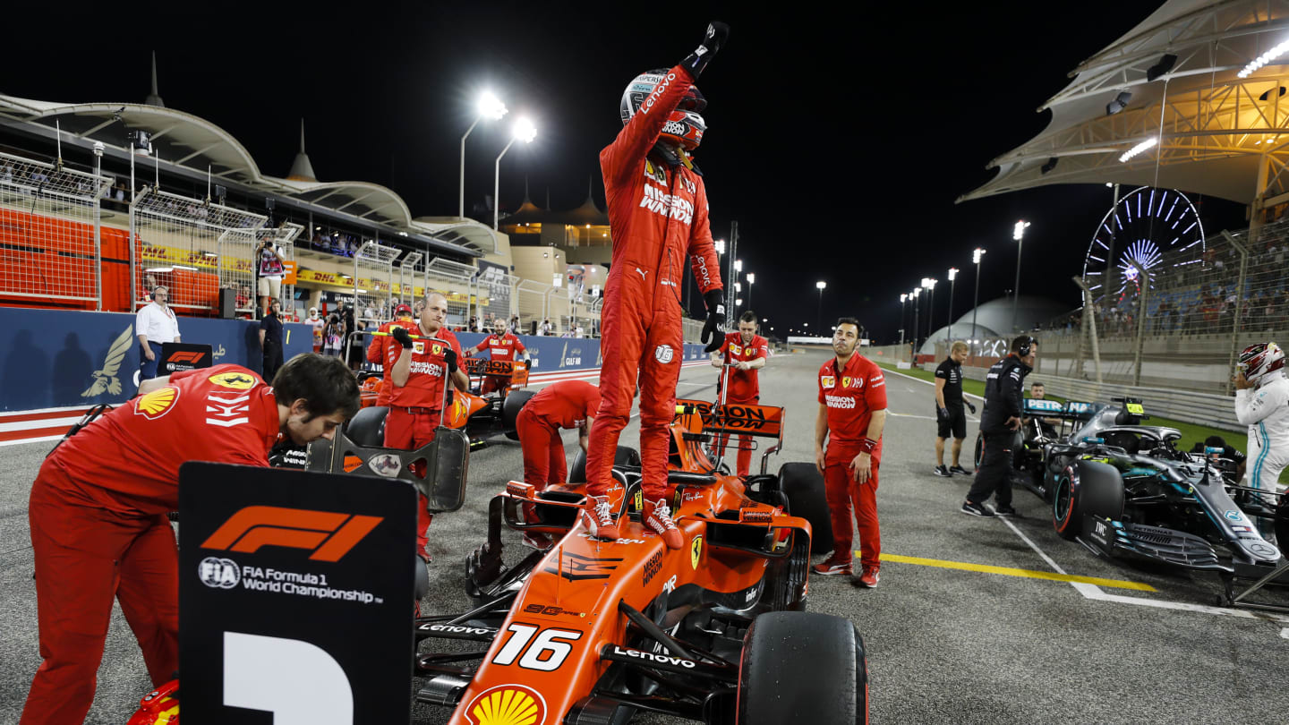 BAHRAIN INTERNATIONAL CIRCUIT, BAHRAIN - MARCH 30: Charles Leclerc, Ferrari celebrates pole