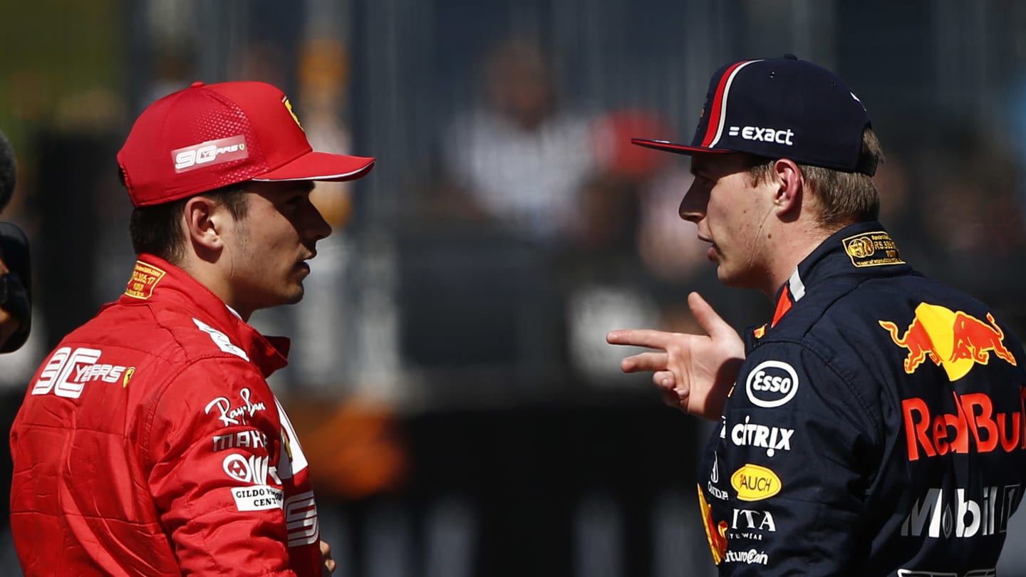 RED BULL RING, AUSTRIA - JUNE 29: Pole man Charles Leclerc, Ferrari, talks to Max Verstappen, Red