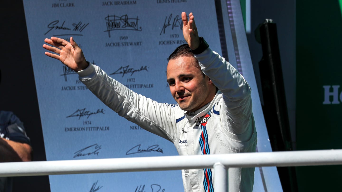 Felipe Massa (BRA) Williams celebrates his last Brazilian race on the podium at Formula One World Championship, Rd19, Brazilian Grand Prix, Race, Interlagos, Sao Paulo, Brazil, Sunday 12 November 2017. © Sutton Images + 44 1327 352188