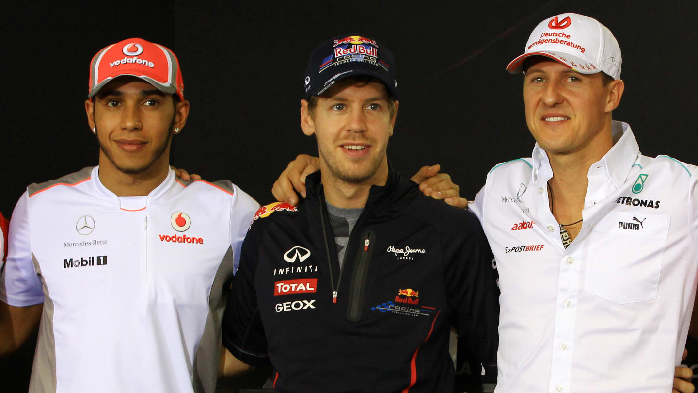 (L to R): Lewis Hamilton (GBR) McLaren, Sebastian Vettel (GER) Red Bull Racing, Michael Schumacher