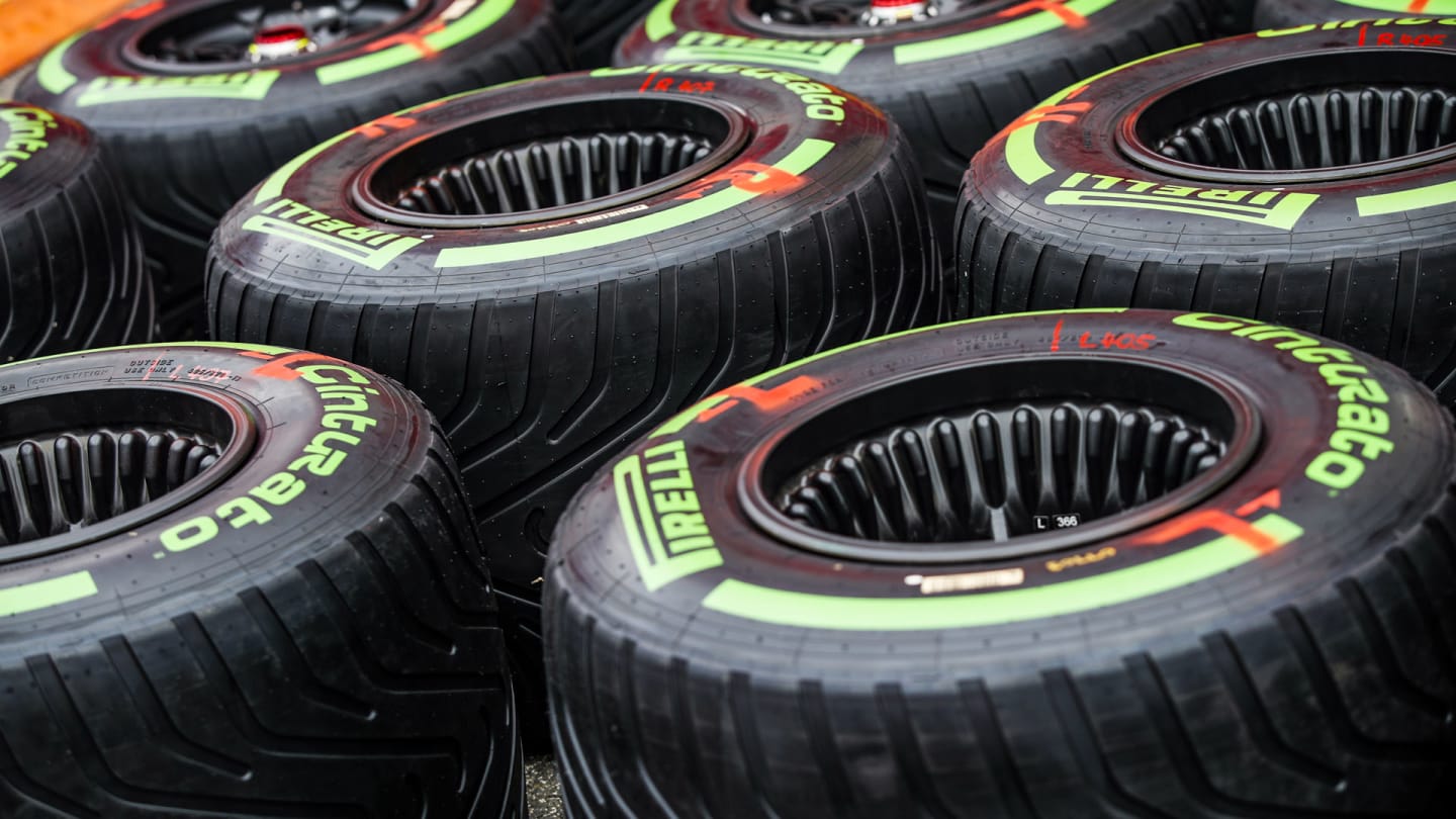 Pirelli intermediate tyres during the Formula 1 Aramco Magyar Nagydij 2020, Hungarian Grand Prix